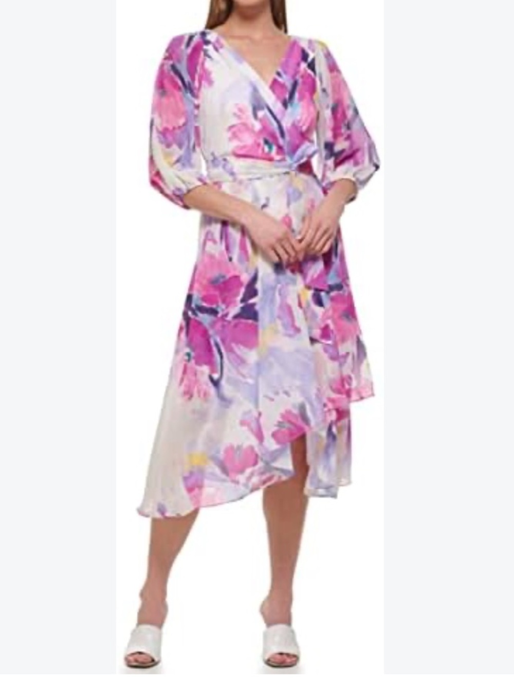 DKNY Floral Wrap Midi Dress — Pink & Lavender